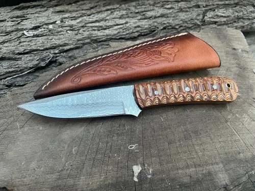 Miniatura 6 de Cuchillo de caza de hoja fija de Damasco con funda – El mejor cuchillo de caza para hombres con mango antideslizante – Cuchillo de supervivencia