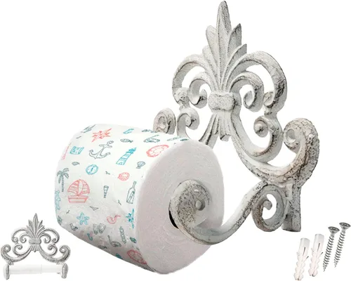 Comfify Fleur De Lis - Soporte de papel higiénico de hierro fundido, dispensador de pañuelos montado en la pared, diseño vintage europeo, 7.28 x