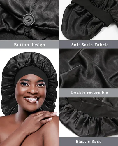Miniatura 6 de AWAYTR Gorro largo de satén para mujer, gorro de seda de 2 capas para trenzas, gorro de dormir elástico con gorro de noche de banda ancha (negro)