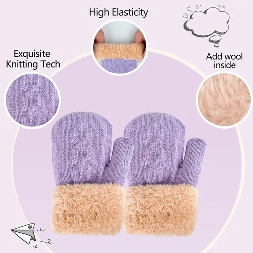 Miniatura 4 de Conjunto de bufanda y guantes de punto de invierno para niños y niñas con pompón