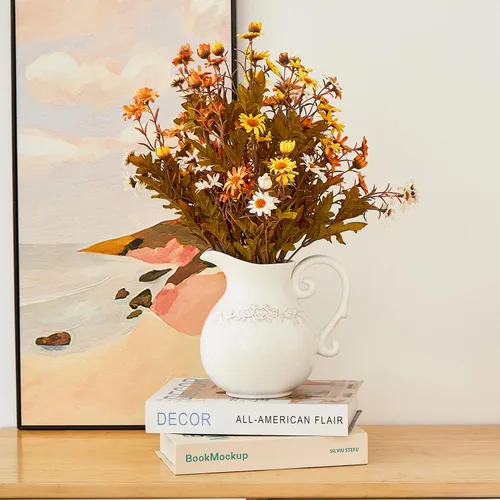 Miniatura 6 de Jarrón de Cerámica Blanco con Flor, Jarra de Cerámica de Granja para Decoración del Hogar, 18.5 cm de Altura.