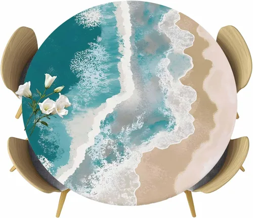 Miniatura 24 de Mantel redondo ajustado con diseño floral de mandala aguamarina, estilo étnico bohemio con borde elástico, impermeable, mantel circular de flores