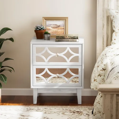 COZAYH Moderna mesita de noche de 2 cajones con parte delantera espejada, elegante mesita de noche con patrón geométrico para dormitorio, gris claro