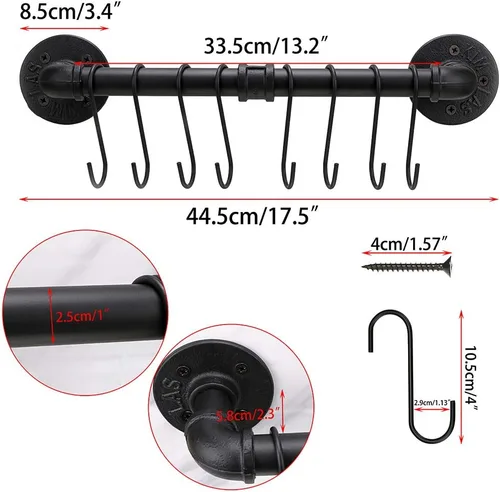 Miniatura 3 de Sumnacon Estante industrial de 16 pulgadas para ollas con 8 ganchos, riel de metal montado en la pared, utensilios de cocina, olla, tapa