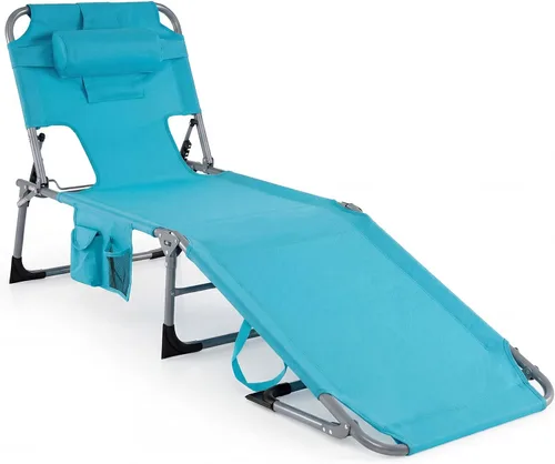 Miniatura 10 de Tangkula Silla de bronceado con agujero frontal, plegable y ajustable para patio, silla reclinable, para playa, tomar el sol, con bolsillo lateral