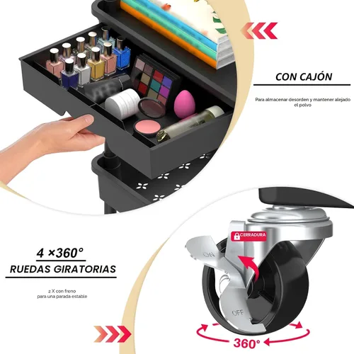 Miniatura 2 de Goovilla Organizador de carrito utilitario de 3 niveles con cajón extraíble, carritos de almacenamiento rodantes negros estables y resistentes con 2