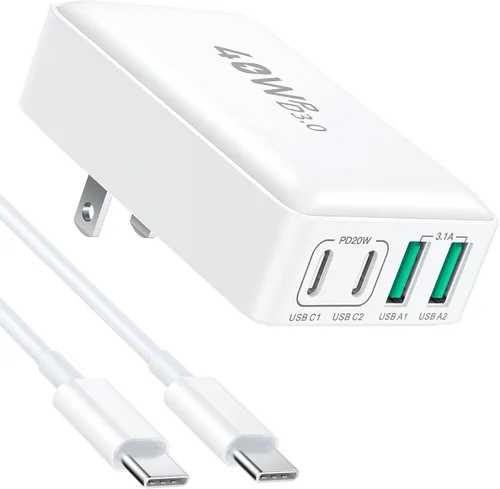 Miniatura 8 de Bloque de cargador USB C, 40 W, plano de 4 puertos, enchufe de pared USB de doble PD QC, adaptador de corriente de viaje de carga rápida multipuerto