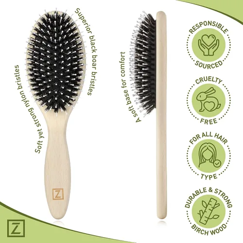 Miniatura 4 de Cepillo de cerdas de jabalí natural para mujeres, hombres y niños; cepillo desenredante seco y húmedo mejora suavemente el brillo, suaviza