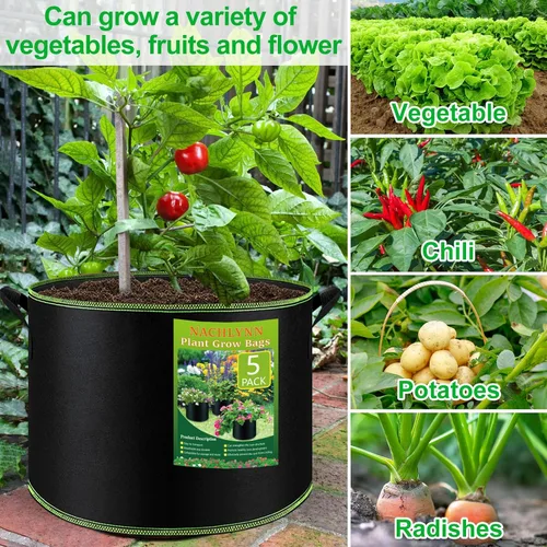Miniatura 7 de NACHLYNN Paquete de 5 bolsas de cultivo de 5 galones, macetas de tela de aireación resistentes con asas, macetas de tela no tejida gruesa