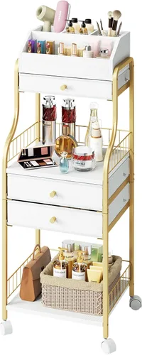 Miniatura 11 de SWTYMIKI Carrito organizador de maquillaje rodante, almacenamiento para el cuidado de la piel con cajones no tejidos, organizador de tocador
