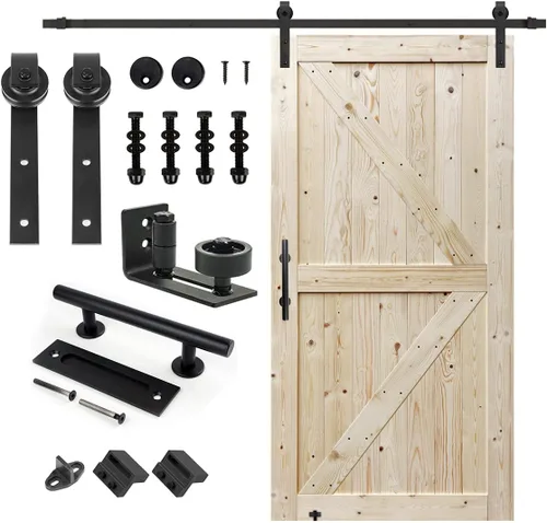 Miniatura 37 de S&Z TOPHAND 20 pulgadas x 84 pulgadas. Puerta de granero anudada británica sin terminar con kit de herrajes deslizantes de 4 pies/madera
