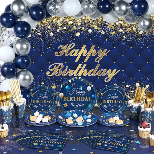Miniatura 6 de Renaiss Telón de Fondo Banner de Feliz Cumpleaños de 5x3 pies Diamantes Reales Dorado Azul Fondo de Fotografía para Hombres Mujeres Fiesta