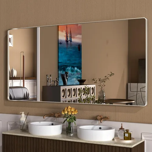 Miniatura 51 de WEER - Espejo de baño dorado, espejo de 40x32 pulgadas con marco de metal dorado cepillado, espejo de tocador de baño de oro para pared