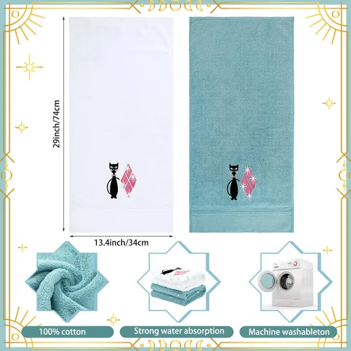 Miniatura 2 de Macarrie 2 toallas de cocina modernas de mediados de siglo con diseño de gato negro retro, toallas de algodón bordadas absorbentes para cocina