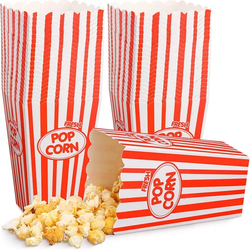 Xinnun Paquete de 100 Cajas de Palomitas de Maíz a Granel de Papel con Rayas Rojas y Blancas, Recipientes Bolsa Desechables a Prueba de Aceite, Rojo