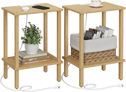 Miniatura 11 de TUTOTAK Mesa auxiliar con estación de carga, pequeña mesa auxiliar con tomas de corriente, mesita de noche, mesa de cabecera, estante de Gris beige