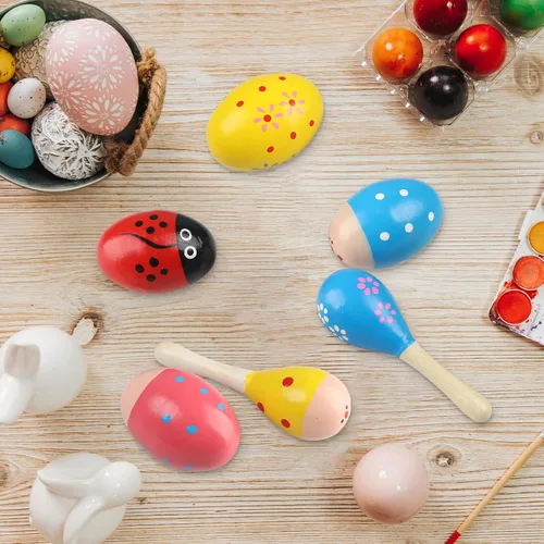 Miniatura 6 de Juego de cocteleros de huevos de madera de Pascua (6 piezas), 4 huevos de Pascua y 2 maracas Instrumentos de percusión de mano para práctica