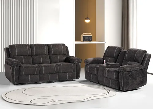 Betsy Furniture Moderno juego de sofá reclinable de tela, sofá biplaza con consola, reclinable 8093 (negro, sofá + sofá biplaza) | Breathable