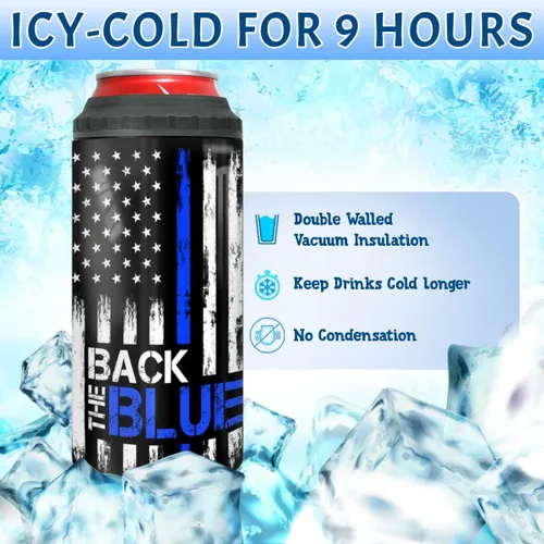 Miniatura 3 de winorax Regalos Policiales Respalda el Azul Bandera Americana Vaso Térmico 4-en-1 Enfriador de Latas Acero Inoxidable 12oz Taza de Viaje Tazas