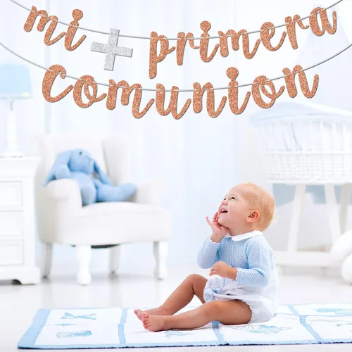 Miniatura 5 de Cartel Mi Primera Comuniòn – Decoración de banderines religiosos para el bautismo del bebé/primera comunión – Dios bendiga a este niño, suministros