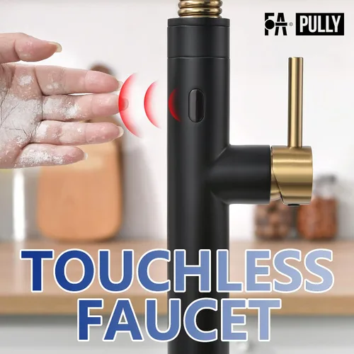 Miniatura 4 de Fapully Grifo de cocina sin contacto con rociador extraíble, sensor negro y dorado, grifo comercial de fregadero de cocina de una sola manija