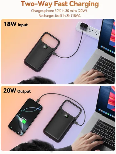 Miniatura 4 de PANDUK Funda de batería para iPhone 17 Pro Max, 9300mAh USB-C Banco de energía portátil 20 W PD Carga rápida Carga inalámbrica