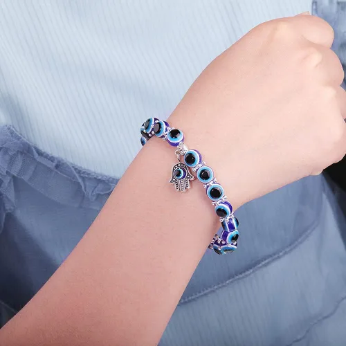 Miniatura 2 de SUMMER LOVE Pulsera elástica de ojo turco Hamsa con cuentas azules y cuentas para protección y bendición de mano de Fátima
