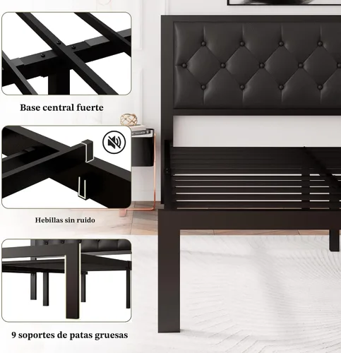 Miniatura 7 de Feonase Marco de cama de metal tamaño doble con cabecera capitoné de cuero sintético con botones, marco de cama tipo plataforma resistente