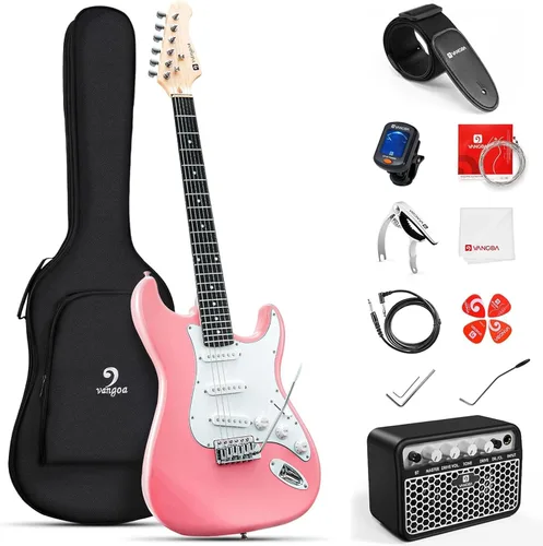 Vangoa - Kit de guitarra eléctrica de tamaño completo de 39 pulgadas para principiantes, cuerpo sólido, color rosa, con pastillas SSS, amplificador,