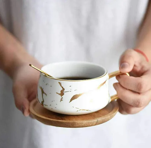 Miniatura 5 de Jusalpha Juego de taza de té y platillo de bambú de 300 ml con impresión de mano dorada de lujo, patrón de mármol de moda para mujeres TCS19 (blanco)