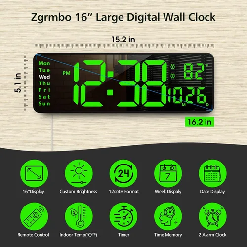 Miniatura 2 de Zgrmbo Reloj de pared digital de 16 pulgadas con control remoto, reloj digital de pantalla grande con fecha, temperatura interior, semana, 12/24