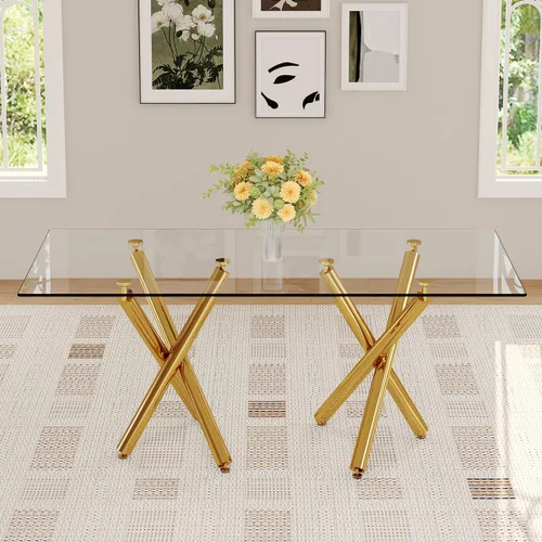 Miniatura 7 de Mesa de comedor de cristal de 71 pulgadas, mesa de comedor dorada para 6-8, mesa de cocina y comedor de gran tamaño con parte superior de vidrio