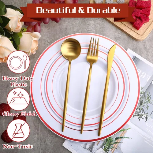 Miniatura 3 de Patelai Juego de 50 platos de plástico desechables para 25 invitados de 10.25 pulgadas, 7.5 pulgadas, platos llanos de plástico resistentes
