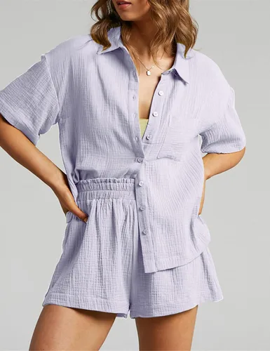 Miniatura 4 de Conjunto de 2 piezas para mujer, conjunto de ropa de descanso para vacaciones, camisa y pantalones cortos con botones