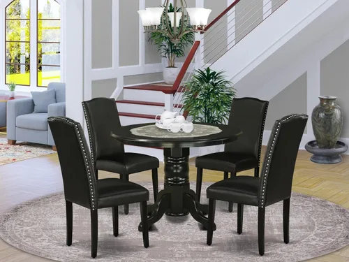Miniatura 2 de East West Furniture SHEN3-BLK-69 - Juego de mesa de cocina de 3 piezas contiene una mesa de comedor redonda con pedestal y 2 sillas de comedor