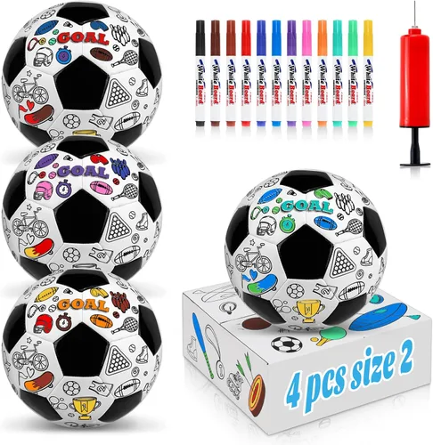 Paquete de 4 unidades de 2 colores para tu propia pelota de fútbol negra, kit de manualidades con bomba de fútbol, 12 marcadores, pelota de fútbol