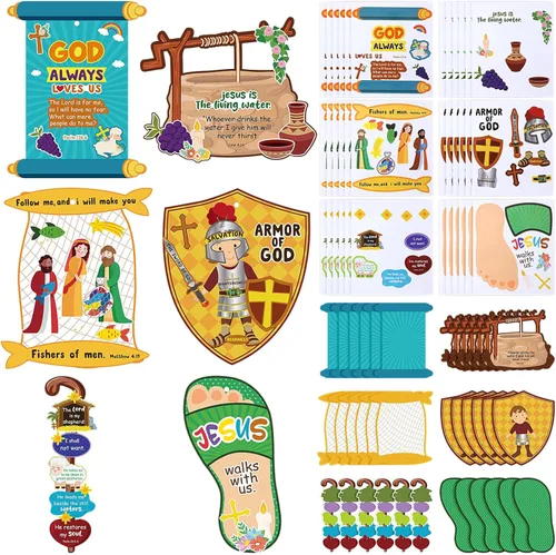 Outus Juego de 72 manualidades religiosas de escuela dominical para manualidades, kit de calcomanías de armadura de Dios, manualidades cristianas