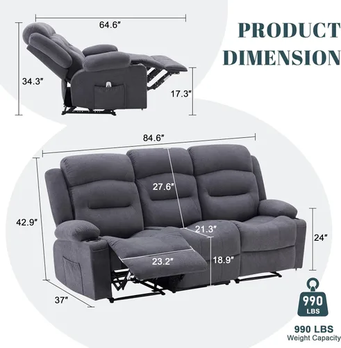 Miniatura 2 de Sofá reclinable extragrande con calor y masaje, sofá reclinable RV grande de 3 plazas para sala de estar, sofá reclinable de pared con portavasos