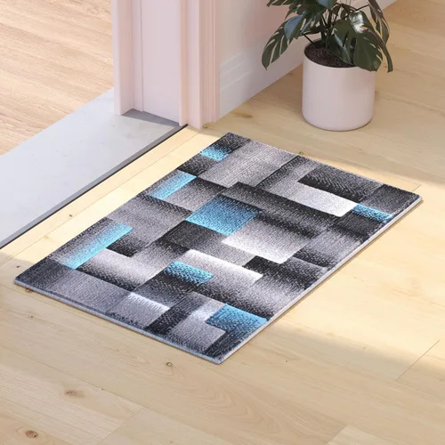Flash Furniture Elio Collection - Alfombra de área con patrón de bloques de color, alfombra de olefina azul de pelo alto, alfombra de área de 2 x 3