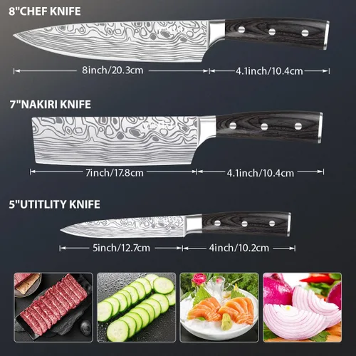 Miniatura 4 de MOSFiATA Juego de Cuchillos de Chef Profesional con Acero Inoxidable Alemán de Alto Carbono Juego de Cuchillos de Cocina de 3 Piezas con Protector