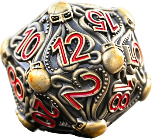 Dados de metal D20 con diseño intrincado de pulpo, acabado antiguo y números rojos para Call of Cthulhu, RPGs-DNDWoW BZQR