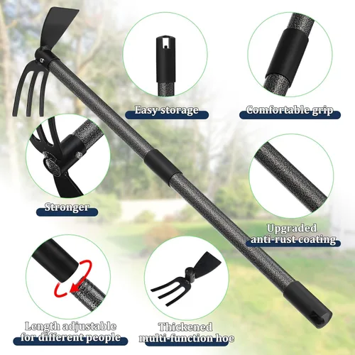 Miniatura 6 de Herramienta multiusos de azada de jardín, resistente ajustable (16 a 30 pulgadas) con mango ergonómico, acero recubierto antioxidante