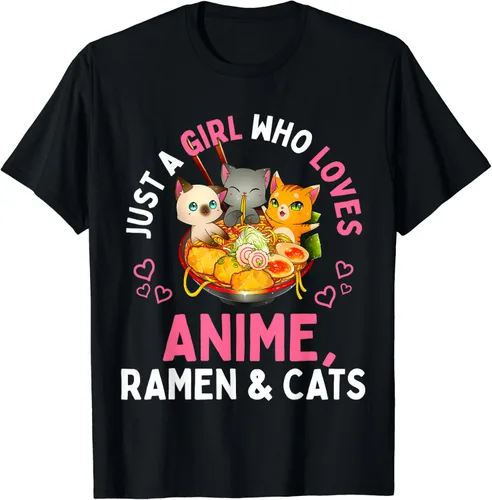 Just a Girl Who Loves Anime Ramen and Cats Kawaii - Camiseta de regalo, Negro, S