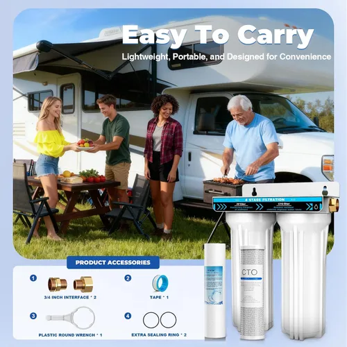 Miniatura 3 de Sistema de filtro de agua doble para RV, sistema de filtración de agua de 4 capas y 2 etapas, elimina sedimentos, cloro, metales pesados, olores
