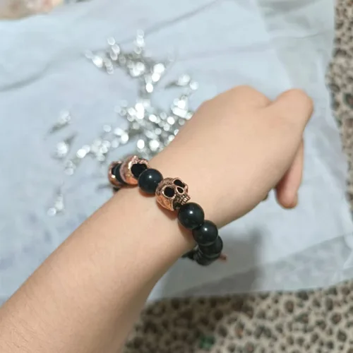Miniatura 2 de Pulsera de cuentas de ónix del ejército de calavera, pulseras de ansiedad para hombre, pulsera ajustable de ónix de calavera para aliviar el estrés