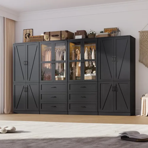 Miniatura 23 de Hlivelood Armario Ropero Estilo Granja de 75" de Alto con 2 Puertas con LED, Armario Independiente para Dormitorio con Barra para Colgar, Gabinete