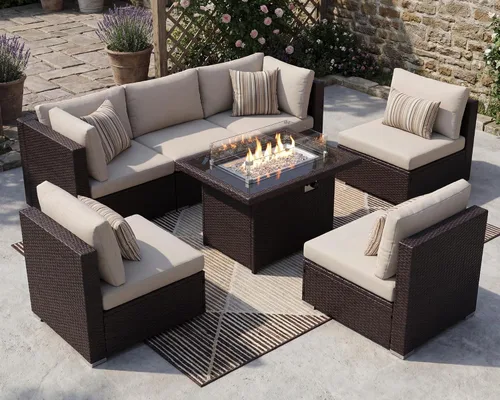 NICESOUL Juego de muebles de patio para exteriores de 7 piezas con mesa para hoguera, gas natural y propano convertible, respaldo alto de 29.3