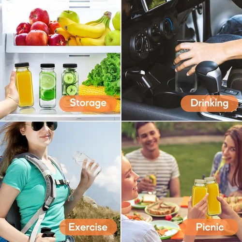 Miniatura 5 de STARSIDE - Botellas de vidrio para jugo de 8 onzas con tapas, paquete de 12 - Frascos reutilizables cuadrados para exprimir, leche, kombucha