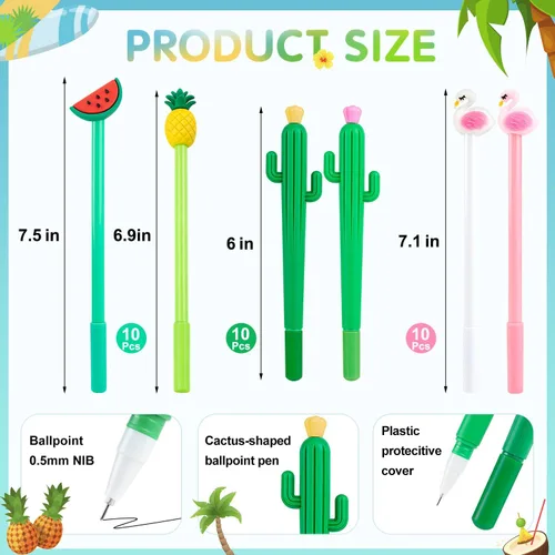 Miniatura 5 de 30 bolígrafos hawaianos Luau de tinta de gel negra de 0.020 in, lindo flamenco, sandía, cactus, piña, fruta para niños, estudiantes y suministros