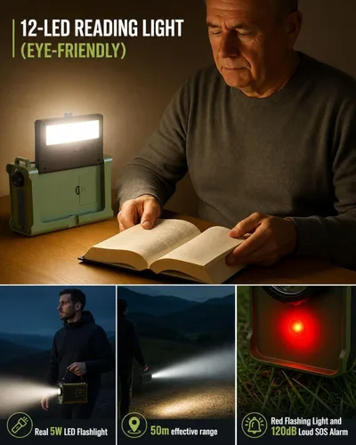 Miniatura 7 de Radio de emergencia meteorológica con energía solar y manivela – AM/FM/NOAA, linterna LED, luz de lectura, carga USB y SOS – Equipo de supervivencia